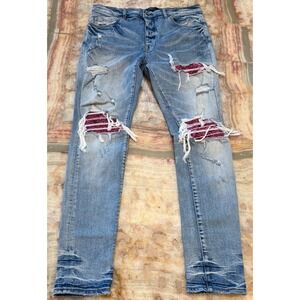AMIRI Mens Mx1 Skinny Jeans Clay Indigo Denim Red Patch Distressed 5-Pockets 34
